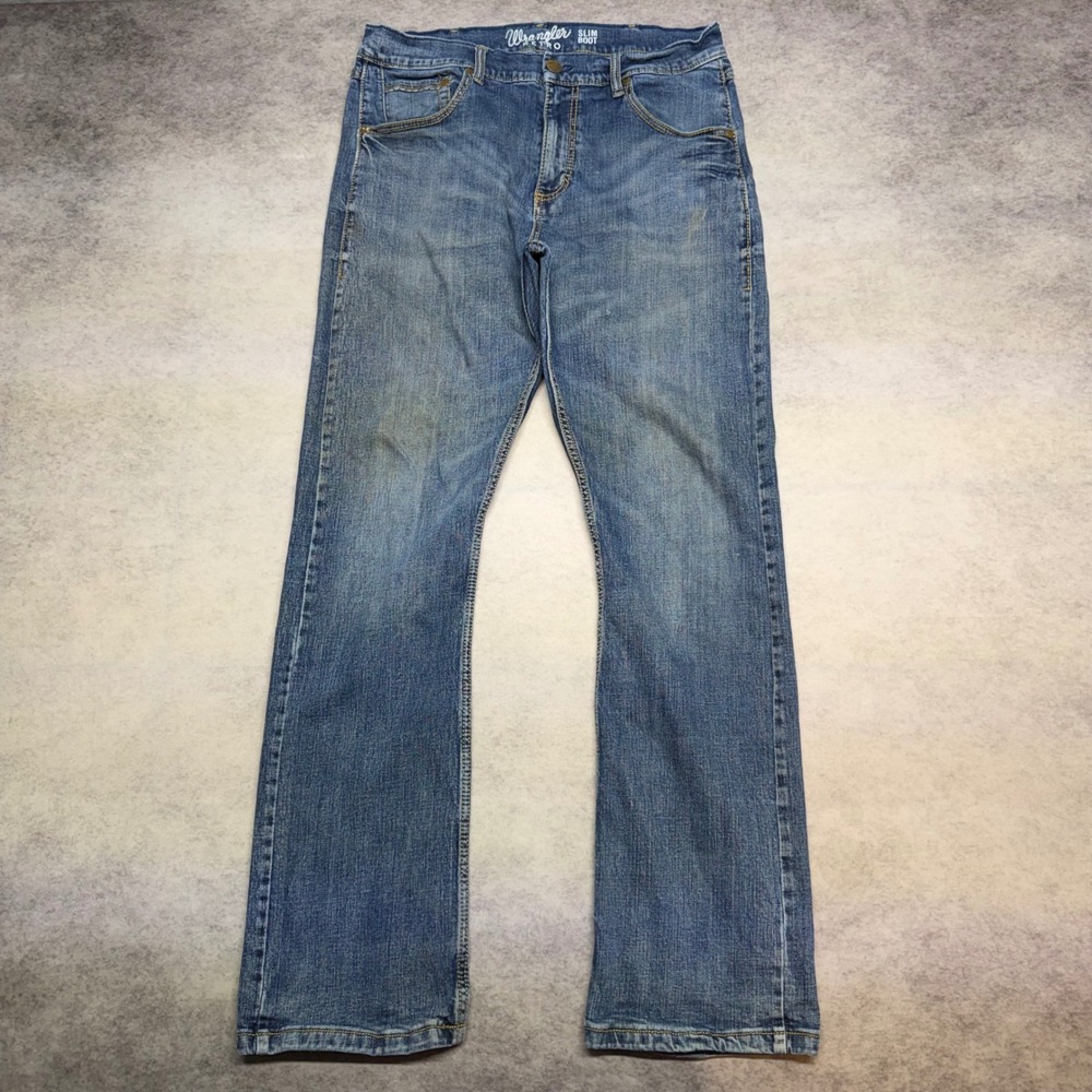 Wrangler Retro Slim Boot Mens 34x32 Blue Faded Distressed Denim Western Jeans